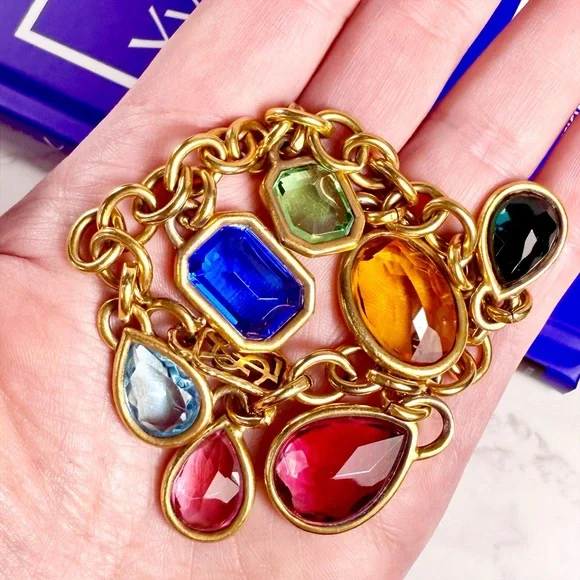 Yves Saint Laurent Ultra Rare Gold Plated Multicolored Jewel Charm Bracelet - Picture 7 of 12